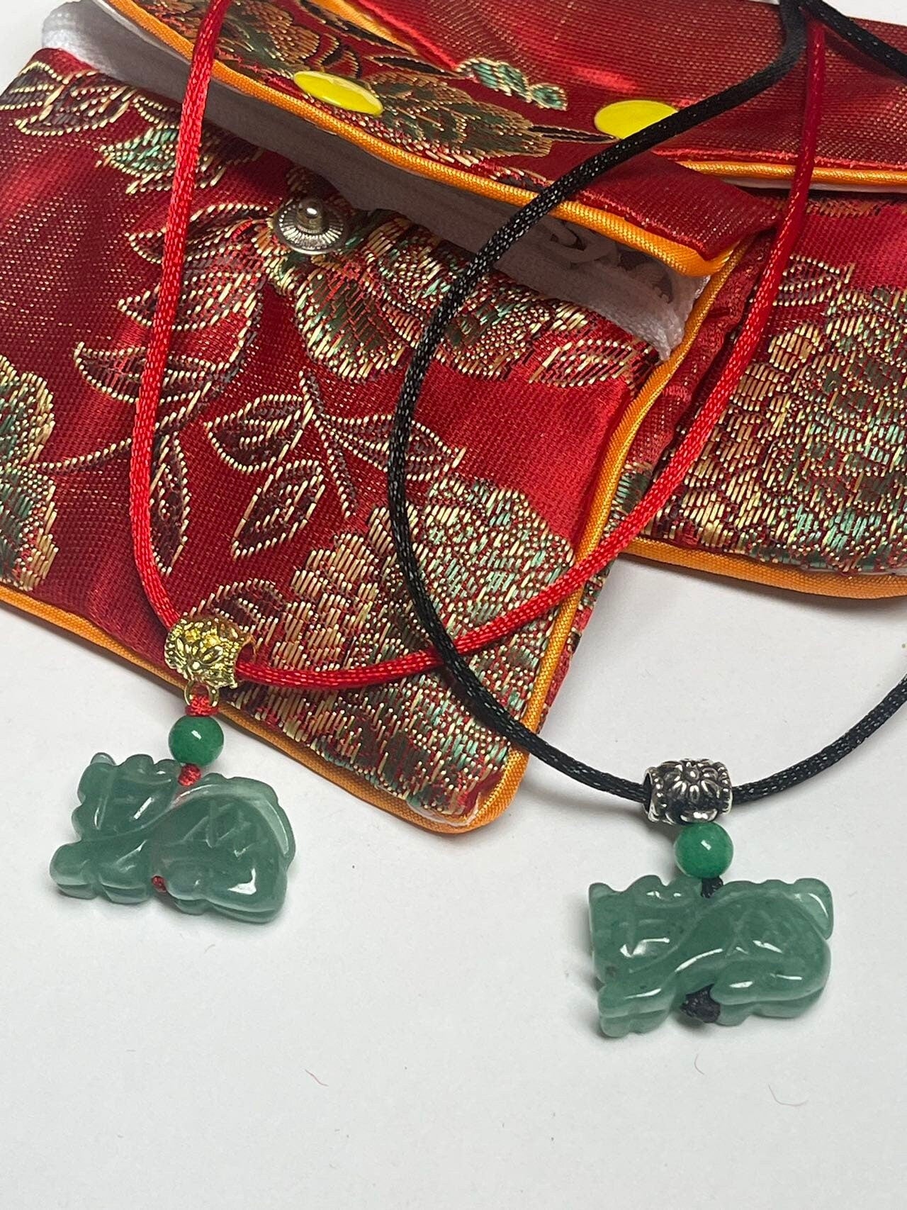 Dragon - Real Jade Zodiac with nice Silver & Gold Color Hanger Necklace (Red , Black)
