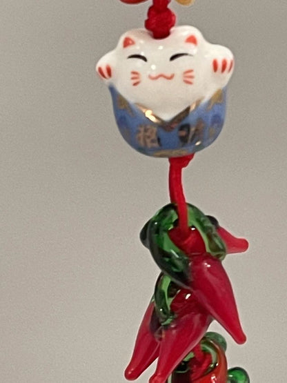 Good Luck Happy Cat charm with Glass Pepper/Tassel