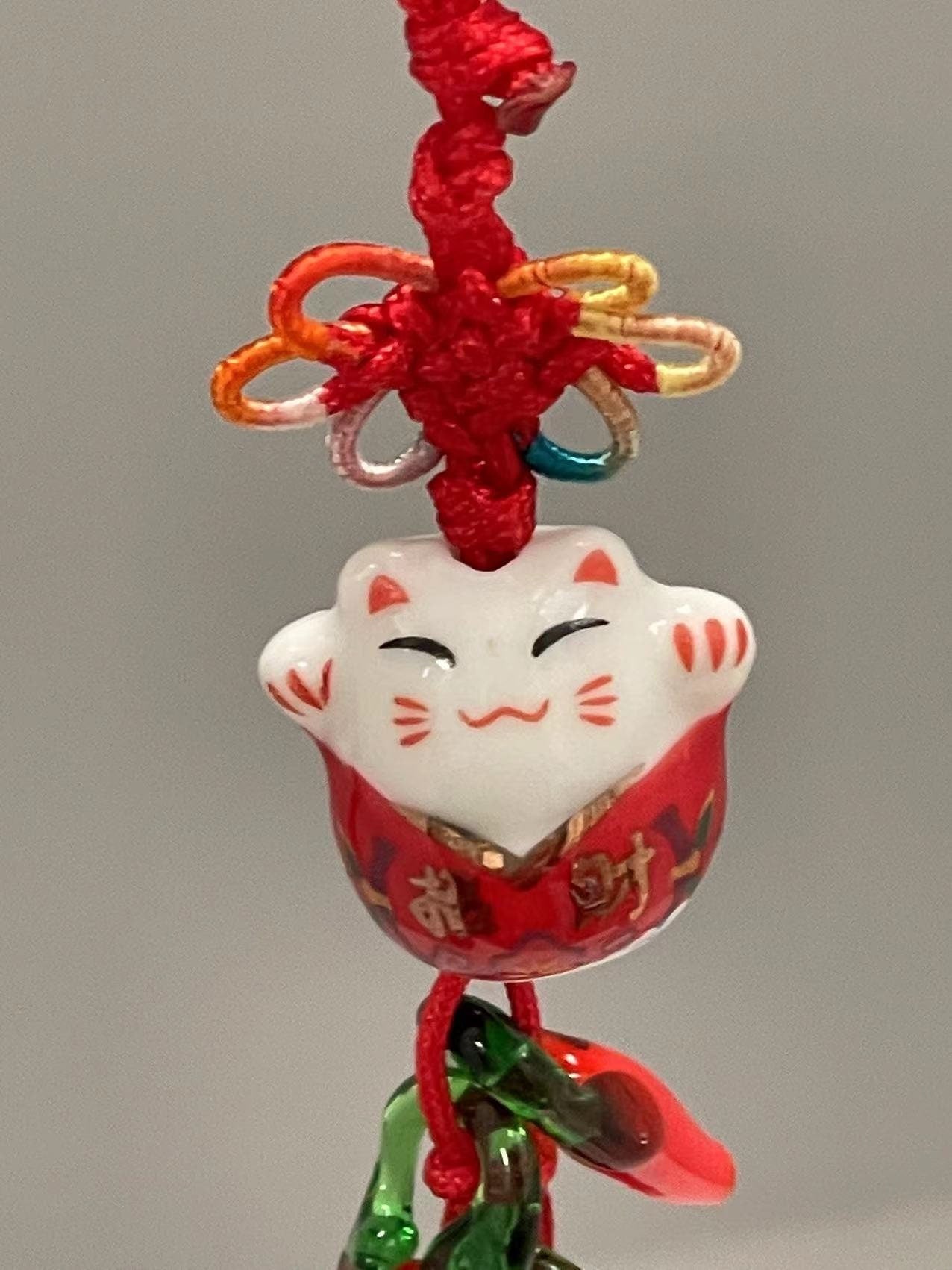 Good Luck Happy Cat charm with Glass Pepper/Tassel