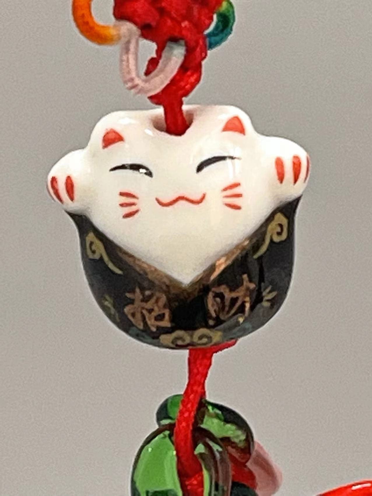 Good Luck Happy Cat charm with Glass Pepper/Tassel