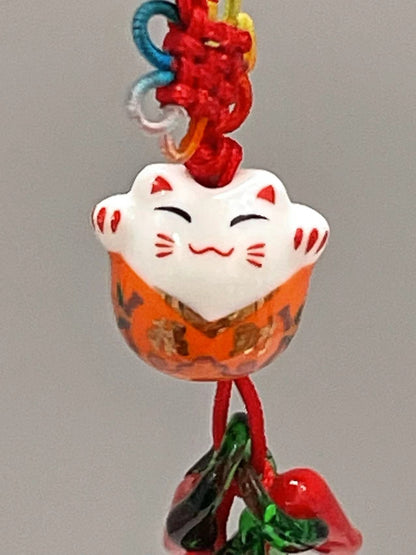 Good Luck Happy Cat charm with Glass Pepper/Tassel