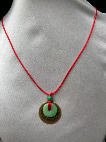 Natural Jade Donut with Lucky Brass Coin Necklace