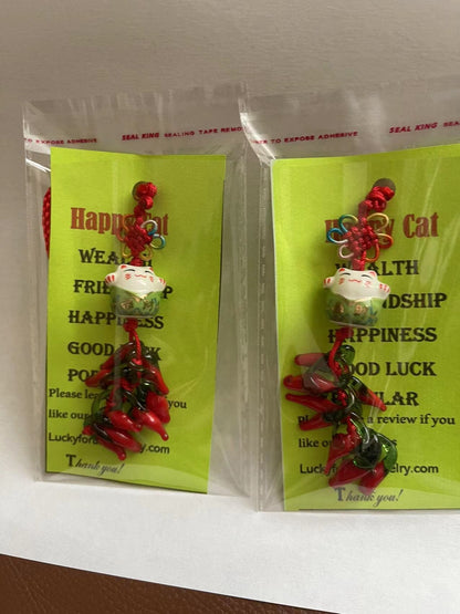 Good Luck Happy Cat charm with Glass Pepper/Tassel