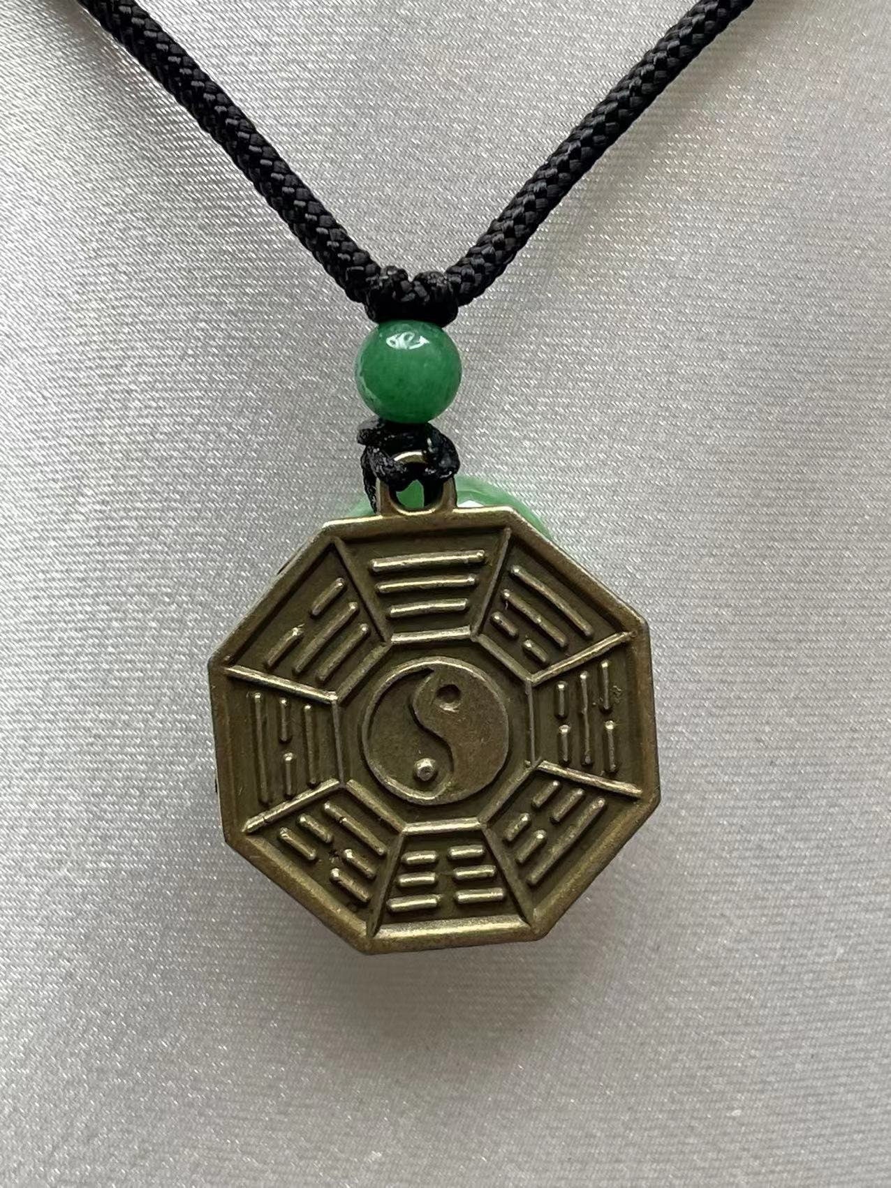 Yin Yang Bagua charm with Green Jade Necklace