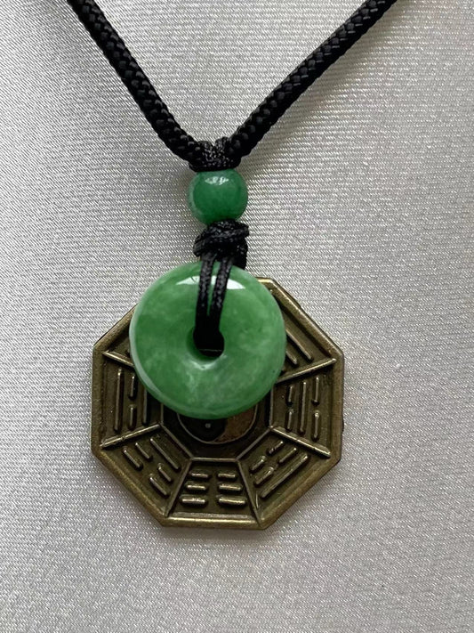 Yin Yang Bagua charm with Green Jade Necklace