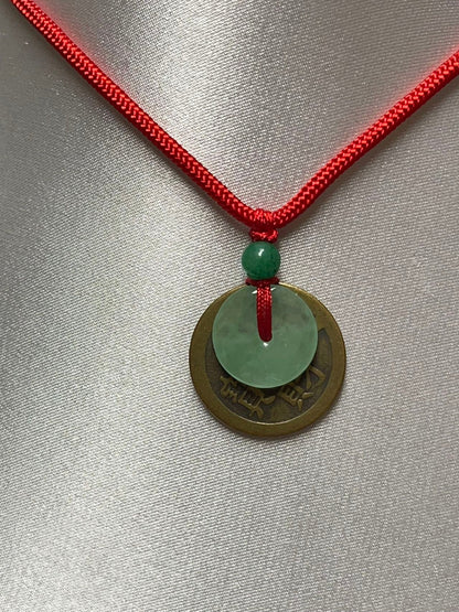 Natural Jade Donut with Lucky Brass Coin Necklace