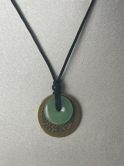 Natural Jade Donut with Lucky Brass Coin Necklace