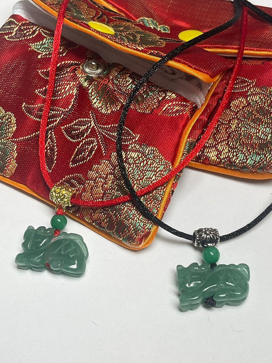 Dragon -  Real Jade Zodiac with nice Silver & Gold Color Hanger Necklace (Red , Black)