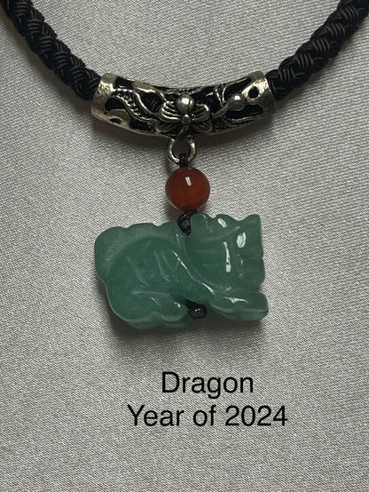 DRAGON - Natural White & Green Jade Zodiac Good Luck necklace for Year of Dragon 2024