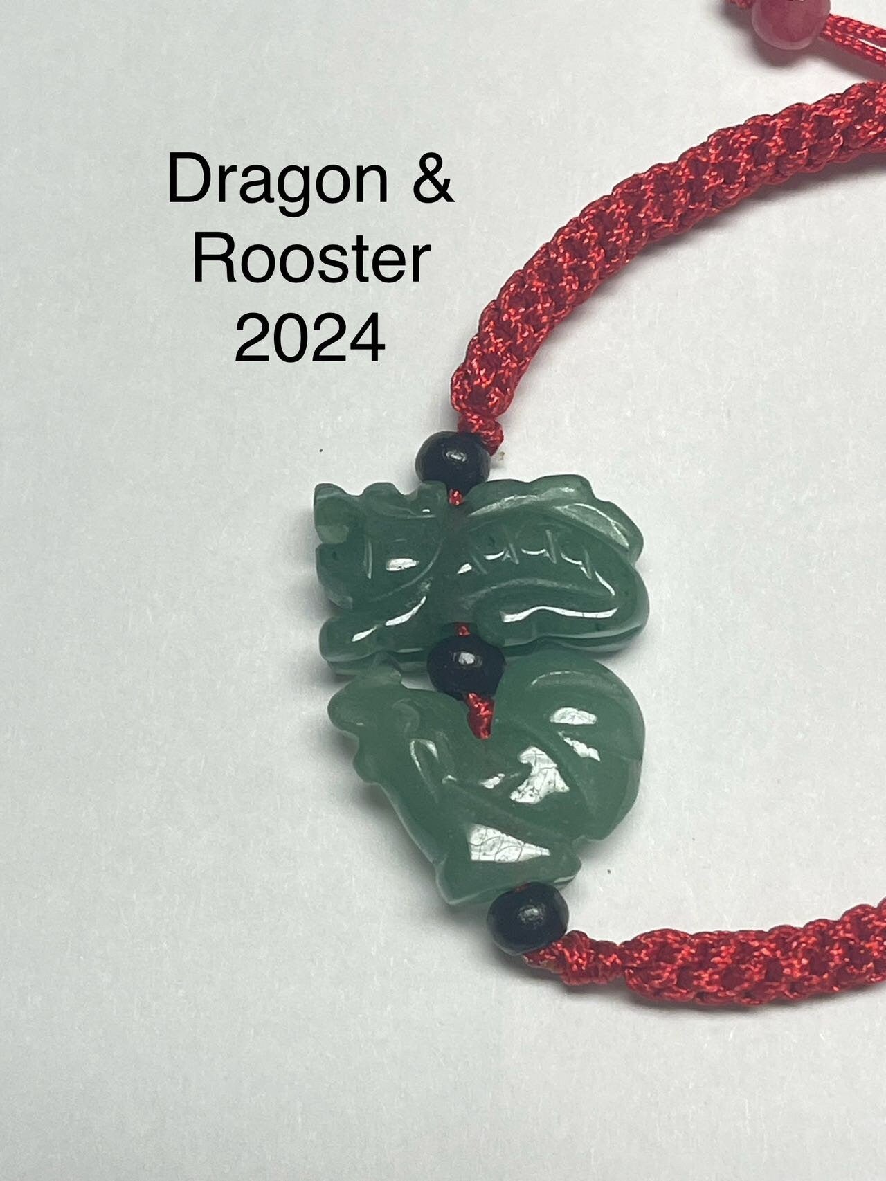 DRAGON & ROOSTER - Natural Green Jade Bracelet for year of Dragon 2024 (Two Well Compatible Jade Zodiac )