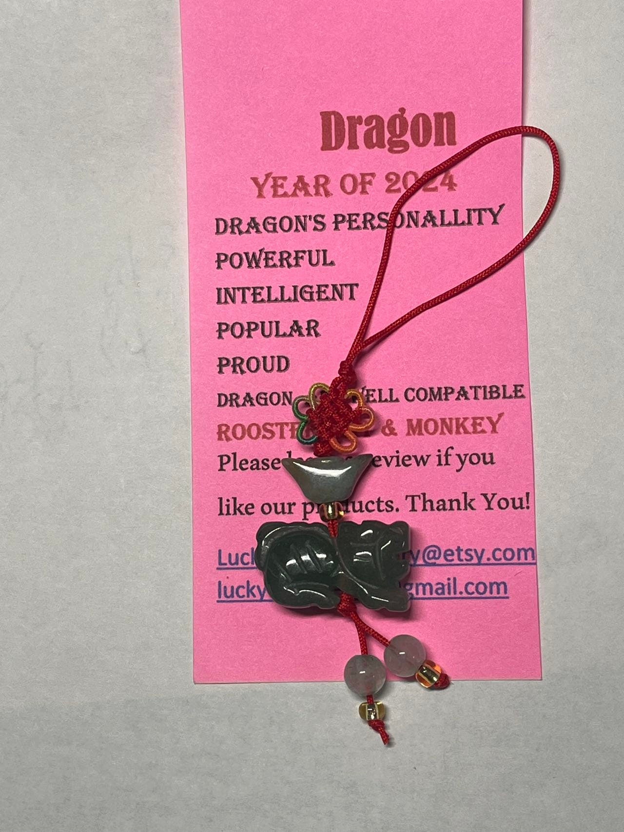 DRAGON - 2024 Year of DRAGON - Real Jade Zodiac Lucky Charm Year of Dragon