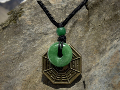 Yin Yang Bagua charm with Green Jade Necklace